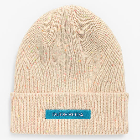 Beige beanie with a blue label on a light gray background